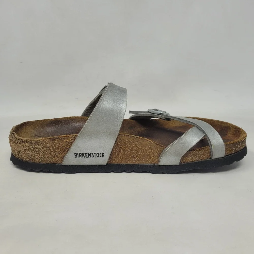 Birkenstock Mayari Sandals EU38 US7 Silver Birko Flor Slides Slip On Comfort
